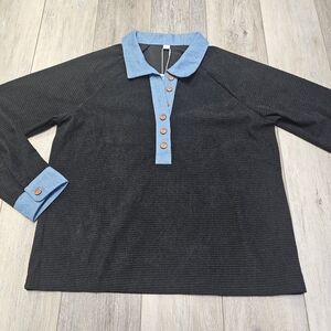 Boutique Denim Collar Long Sleeve Waffle Thermal Black Women's Large Western